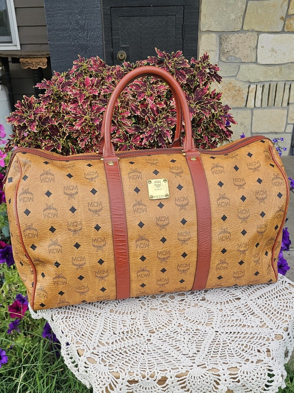 MCM Visetos Cognac Logo Weekender Duffle Bag With COA